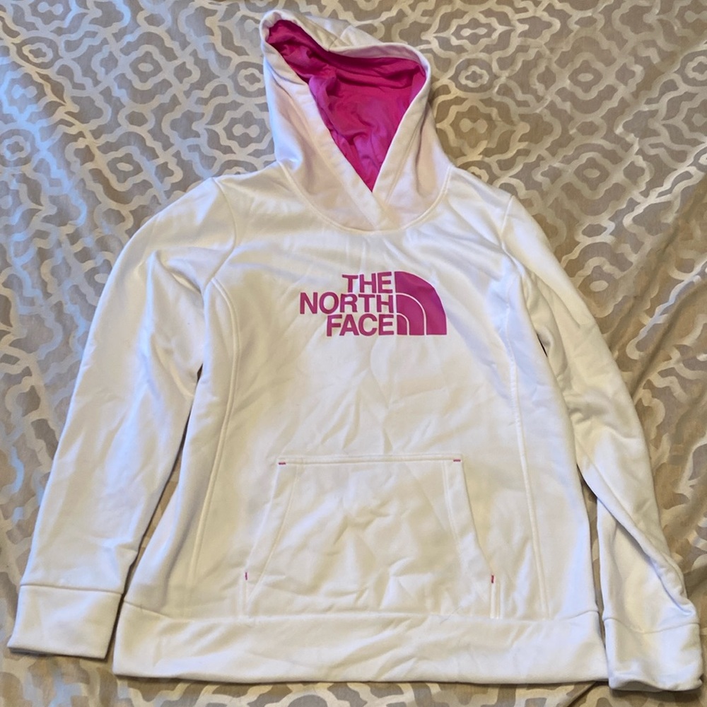 White and pink North Face sweatshirt
